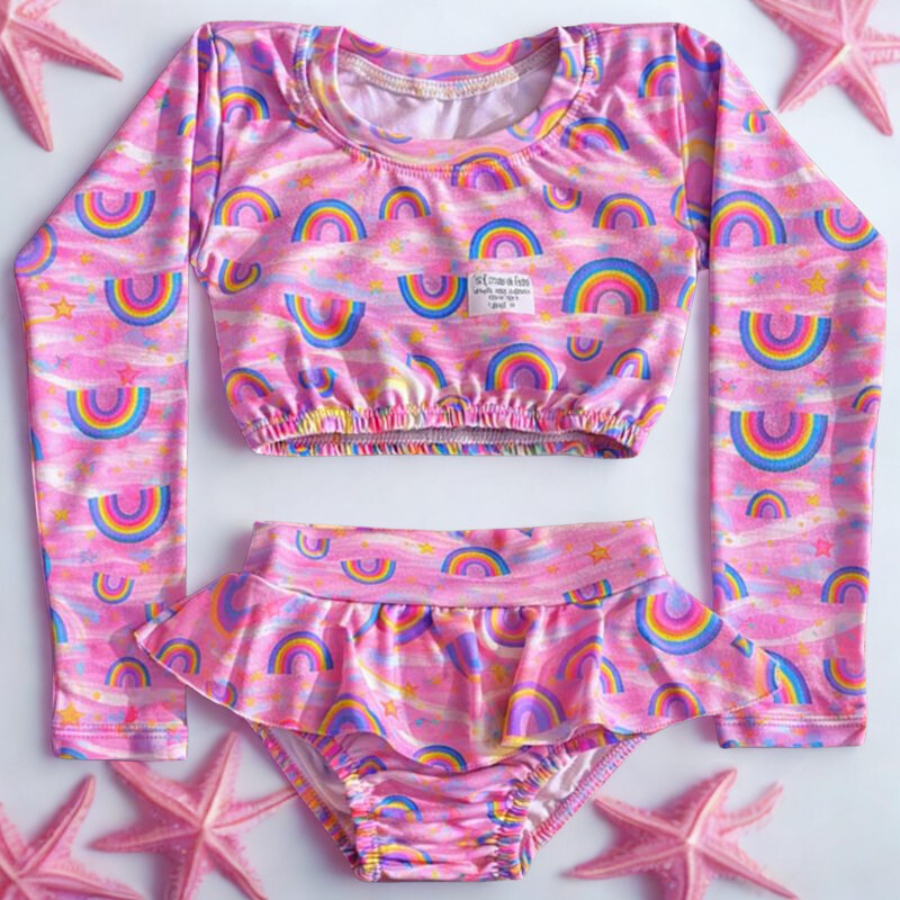 Biquíni Infantil Blusinha Manga Longa e Calcinha Babado com Proteção UV+50 Suplex Moda Praia