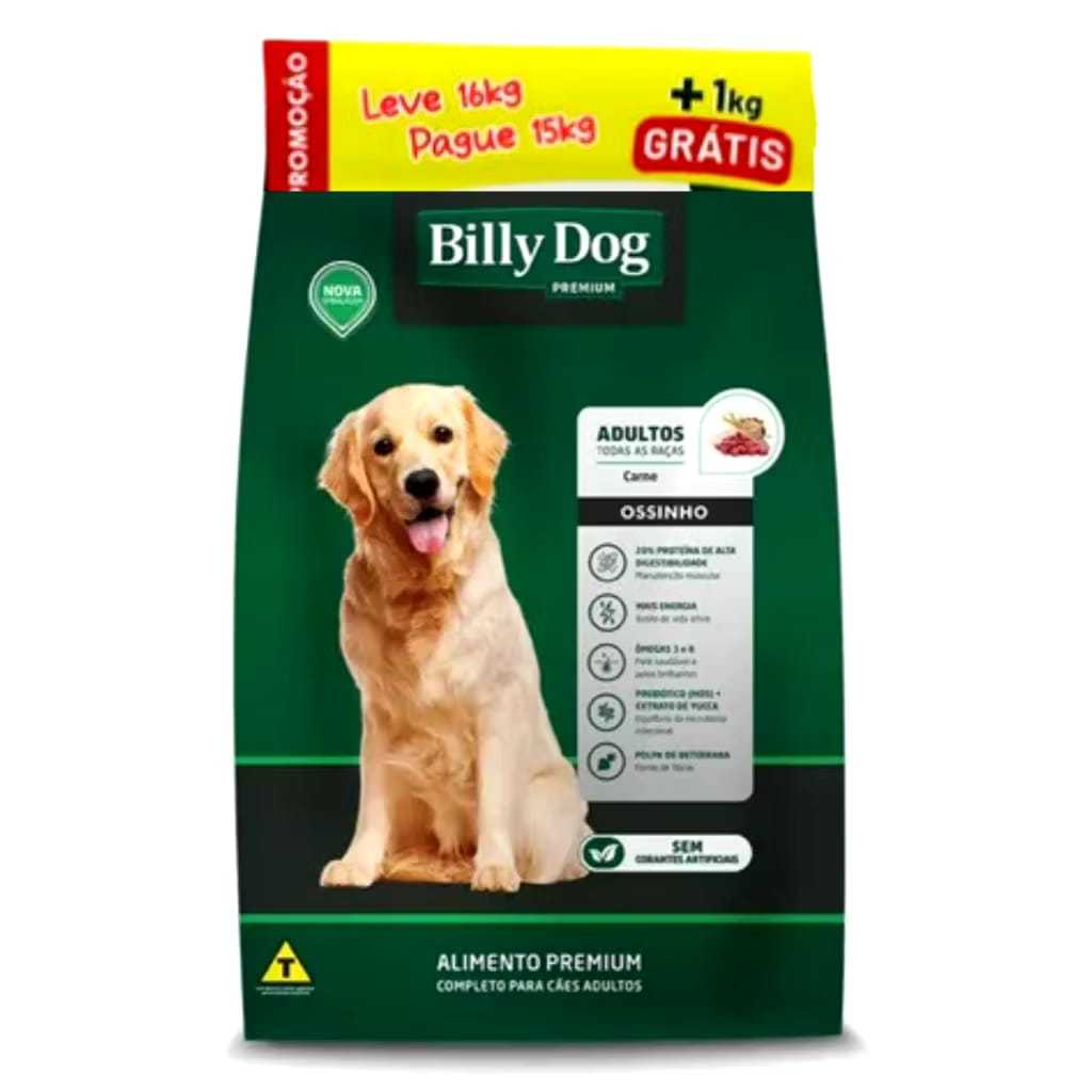 RAÇÃO BILLY DOG OSSINHO PREMIUM CARNE 15KG+ 1KG GRATIS.
