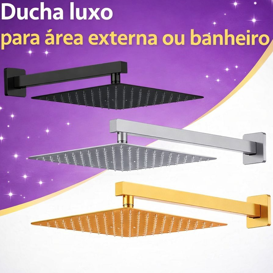 CHUVEIRO 20x20 DUCHA QUADRADO RETO PRETO/DOURADO/PRATA