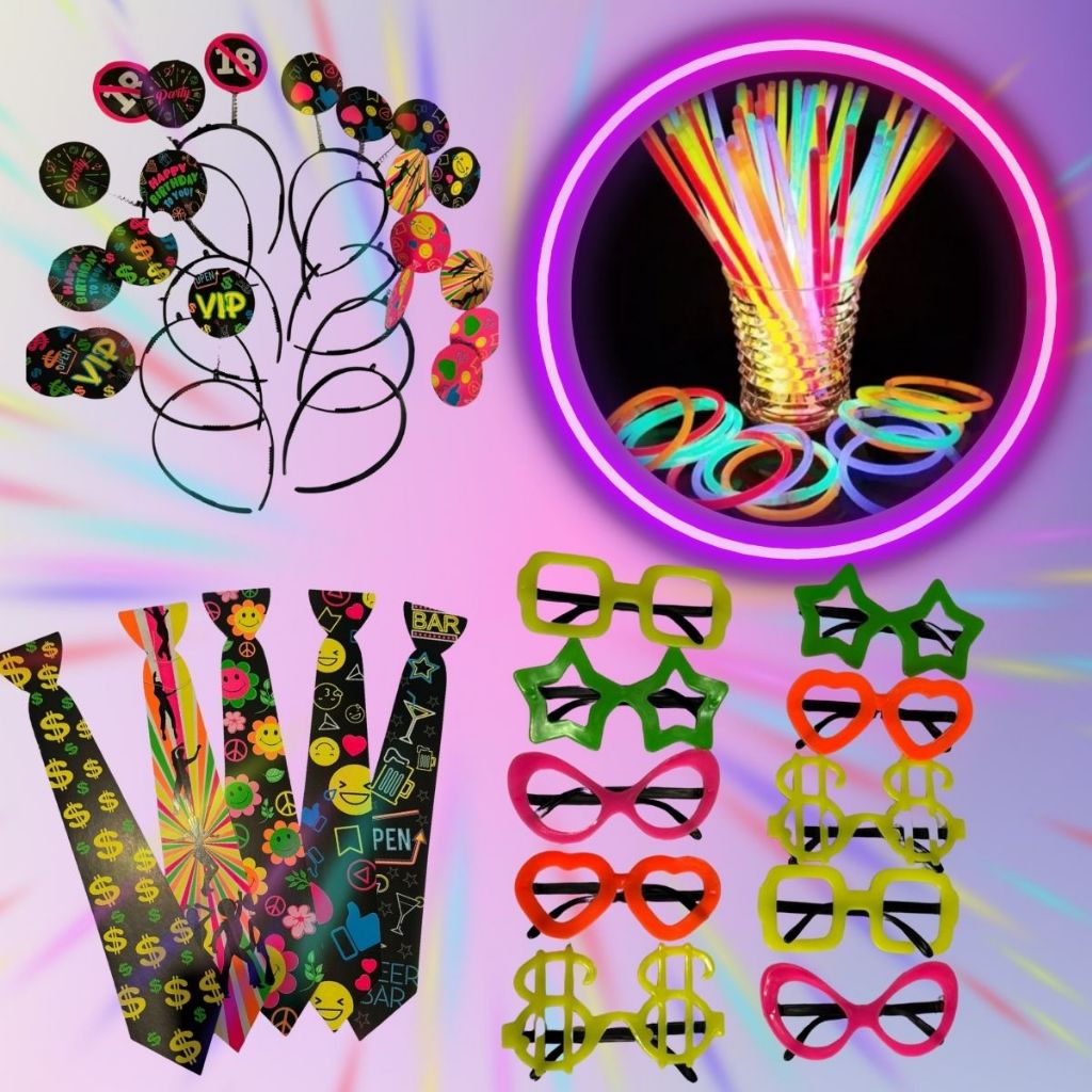 Kit Festa Balada Neon 130 peças Aniversário Pulseira Oculos Tiara Gravata
