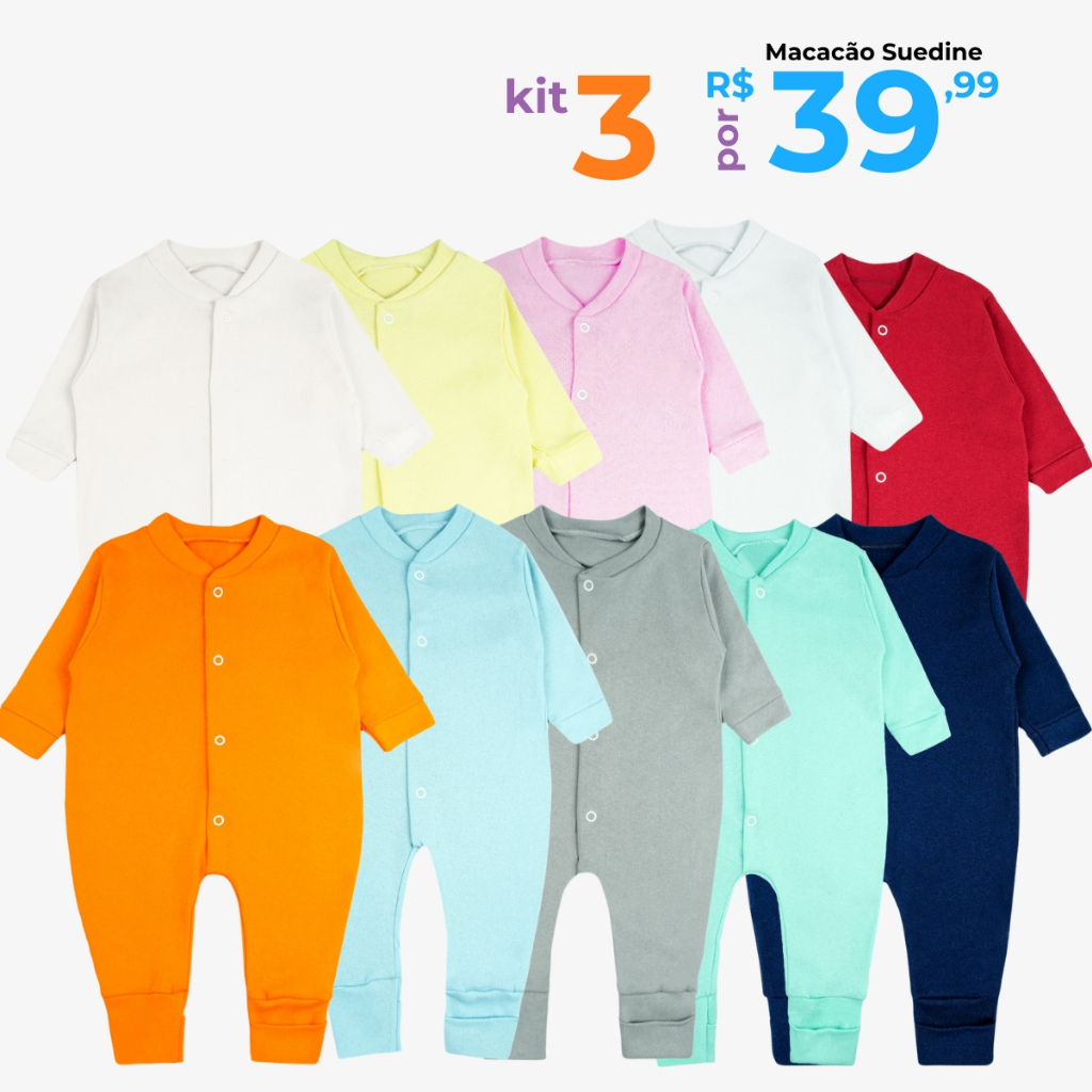Kit 3 Macacão Suedine Liso para Bebê Menino e Menina com Cores Minimalista Pé Reversivel
