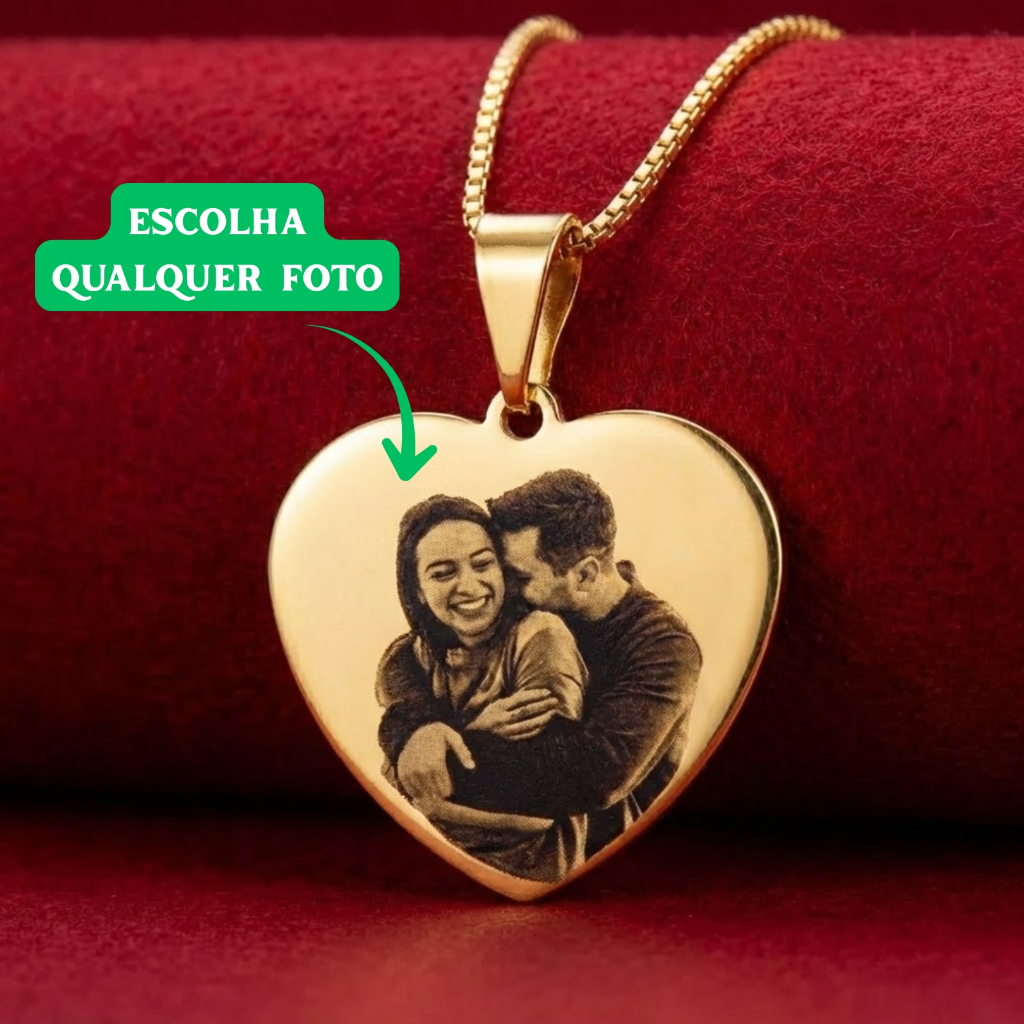 [ SEMI JOIA ] Colar Coração M Personalizado Foto Feminino (45cm) Banho Ouro 18k Anti Alérgico Presente Dia Namorados