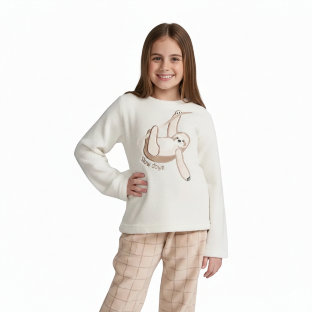 Pijama Infantil Peludinho Manga Longa Estampado Bege Quentinho Confortável Cor com Amor Inverno Tam 8