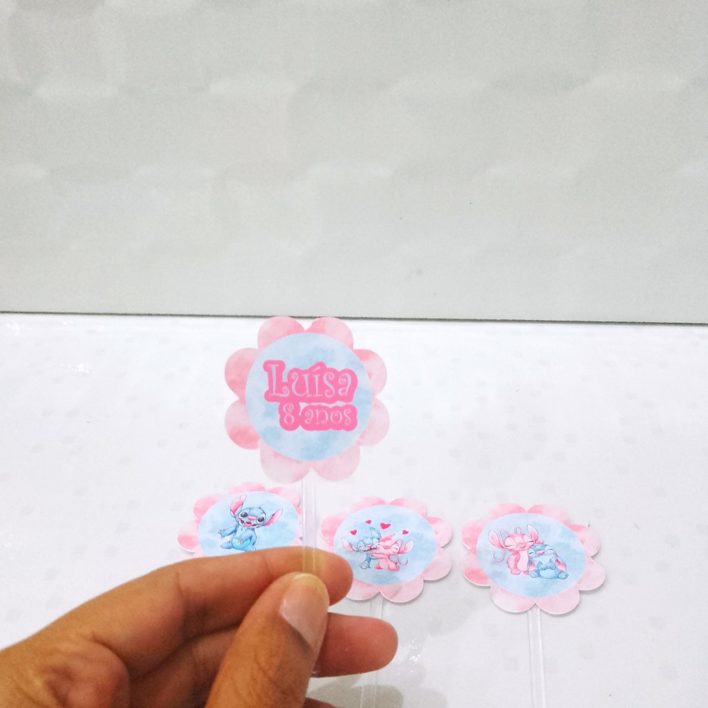 Topper de Doce Stitch e Angel Aquarela Personalizado Kit 20 - Festa Infantil Lembrancinha