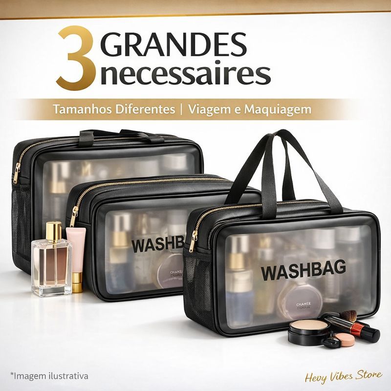 Kit 3 Necessaire Femininas Viagem Maquiagem Transparente WashBag Prova De Água