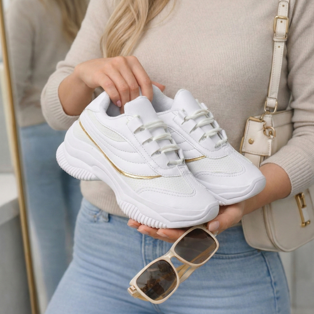 Tênis Casual Feminino Confortável com Detalhes Dourado ou Holográfico | Perfeito para o Dia a Dia