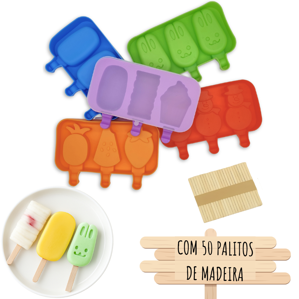 Molde de Silicone Picolé Sorvete Tampa Palito Madeira Forma Silicone Desenho Animais Bichinhos Fruta