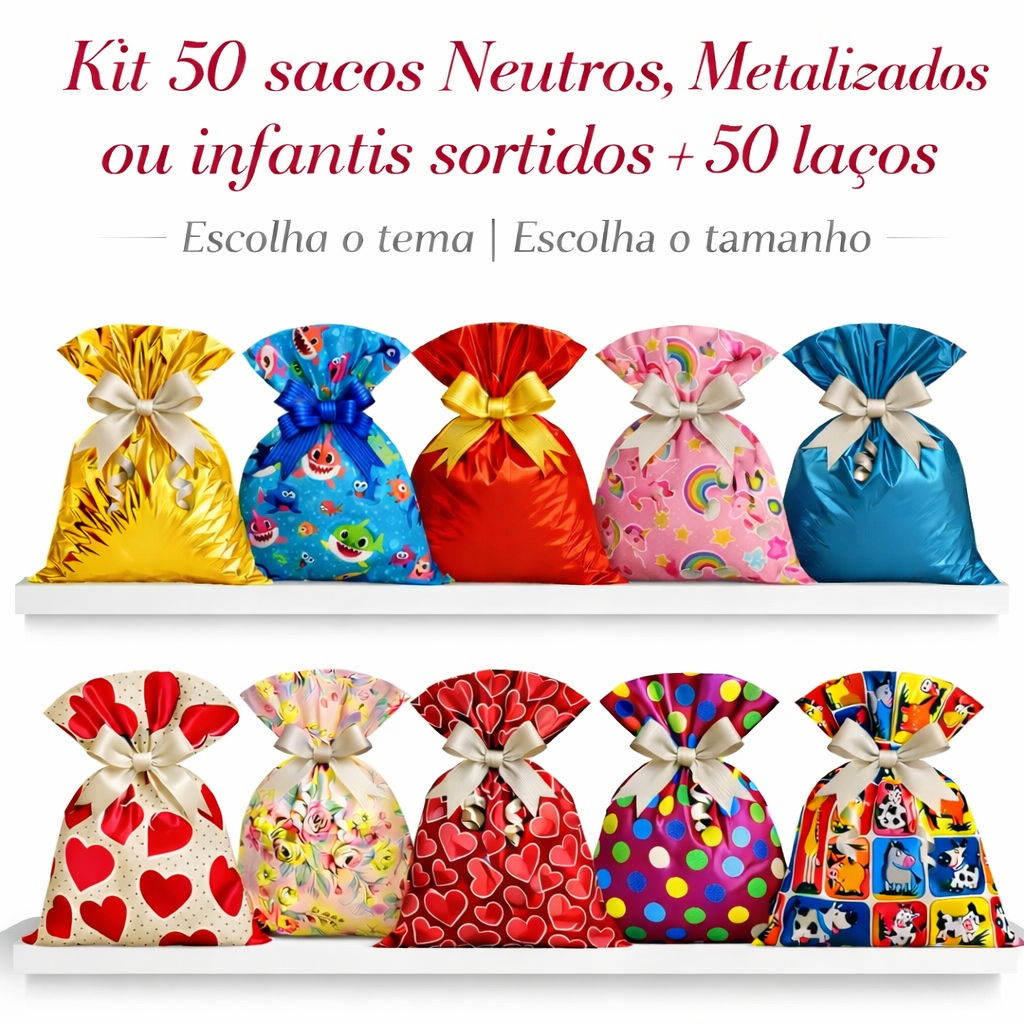 Kit 50un Sacos Presente Sortidos + 50 laços | Escolha o tema e tamanho | Embalagem Estampas Lembrancinha Luxo em Oferta na Shopee