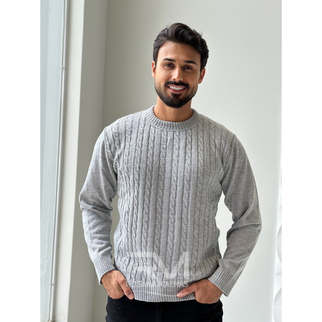 Blusa Sueter Masculino de Frio Com Tranças Estilosas Gola Redonda Manga Longa Moda Inverno Tricot