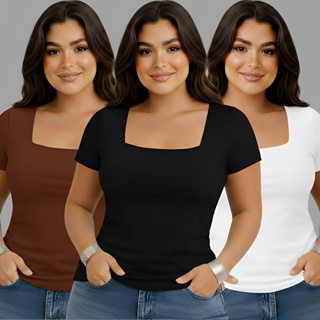 Kit 3 Blusa Feminina Decote Quadrado Manga Curta Suplex Premium em Oferta na Shopee