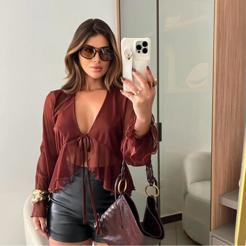 Blusinha em Tule com Amarração Frontal - Elegante, Sensual e Versátil - Tendencia Moda 2026 - Sem Bojo