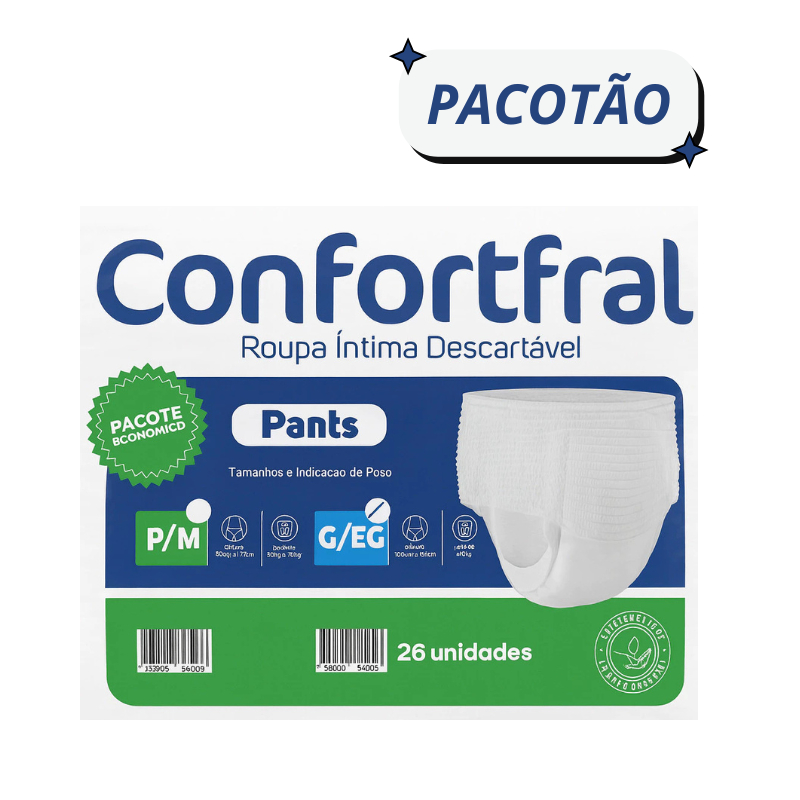 Fralda Adulta Geriátrica Confortfral Pants P/M - G/XG (26 Unidades Cada Pacote) – Pacote Econômico