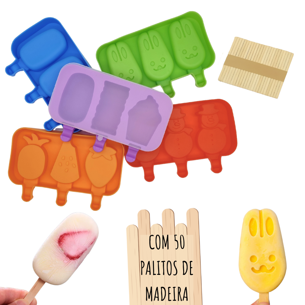 Forma de Silicone Picolé Tampa Palito Madeira Molde Silicone Sorvete Desenho Animais Bichinhos Fruta em Oferta na Shopee