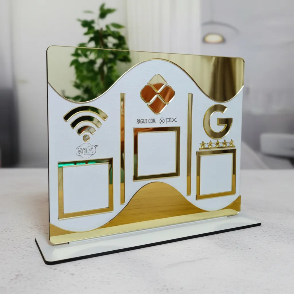 Placa Display de Mesa e Balcão para QR Code WIFIPIXGOOGLE no MDF Branco e Acrílico