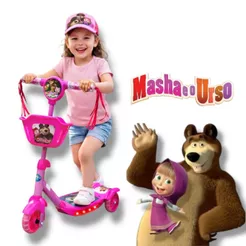 Patinete Infantil Masha e o Urso Rosa 3 rodas Cestinha Luzes Musical