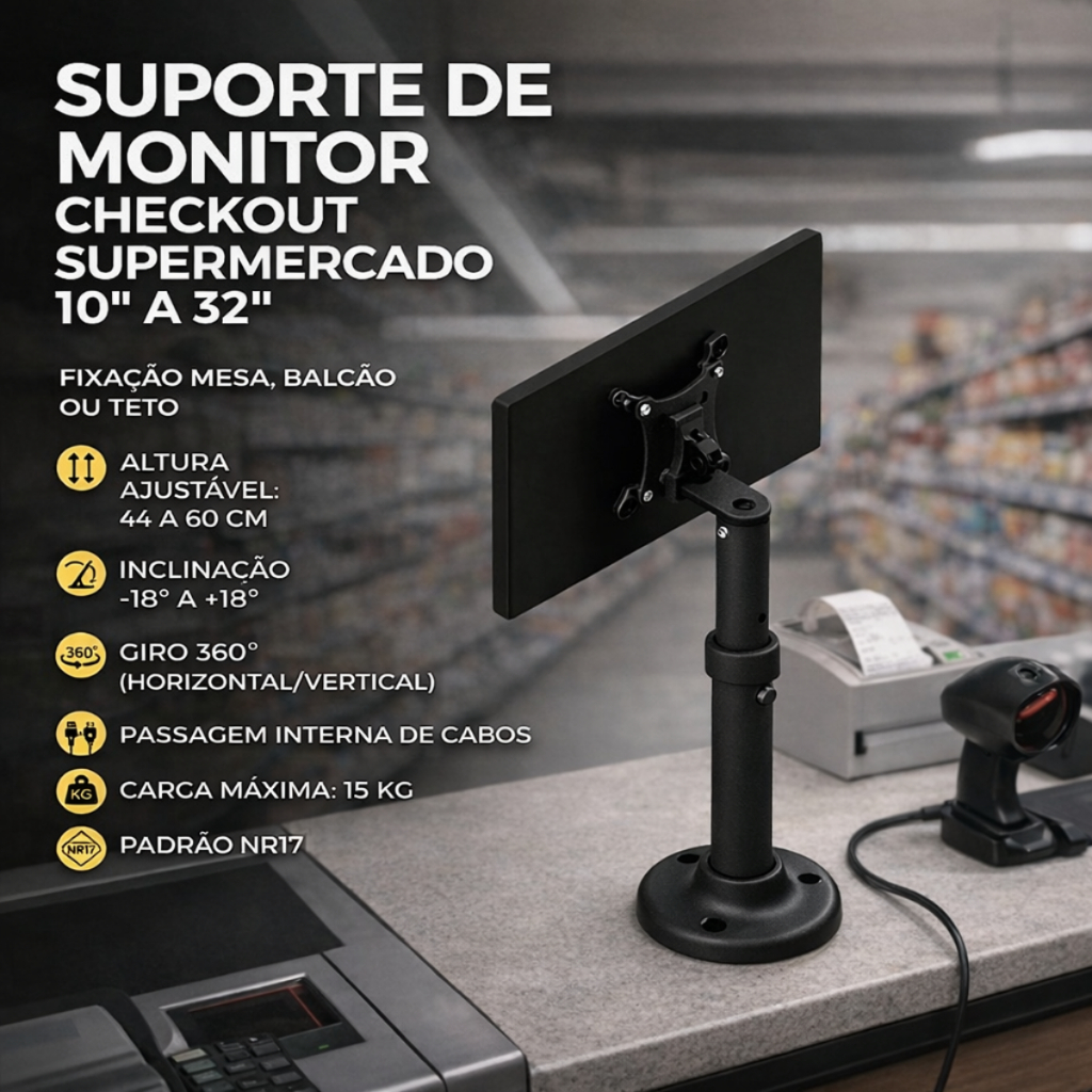 Suporte Monitor Check Out Balcão Ou Teto Ajustavel Até 32'' - Preto Universal
