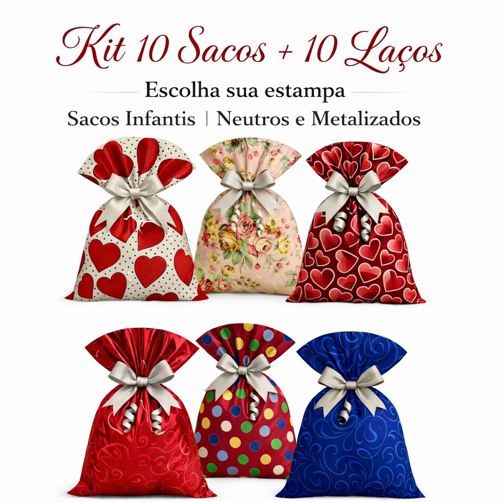 KIT COM 10 SACOS + 10 LAÇOS – 20x29, 25x36, 30x44 | ESCOLHA COR/ESTAMPA E TAMANHO em Oferta na Shopee