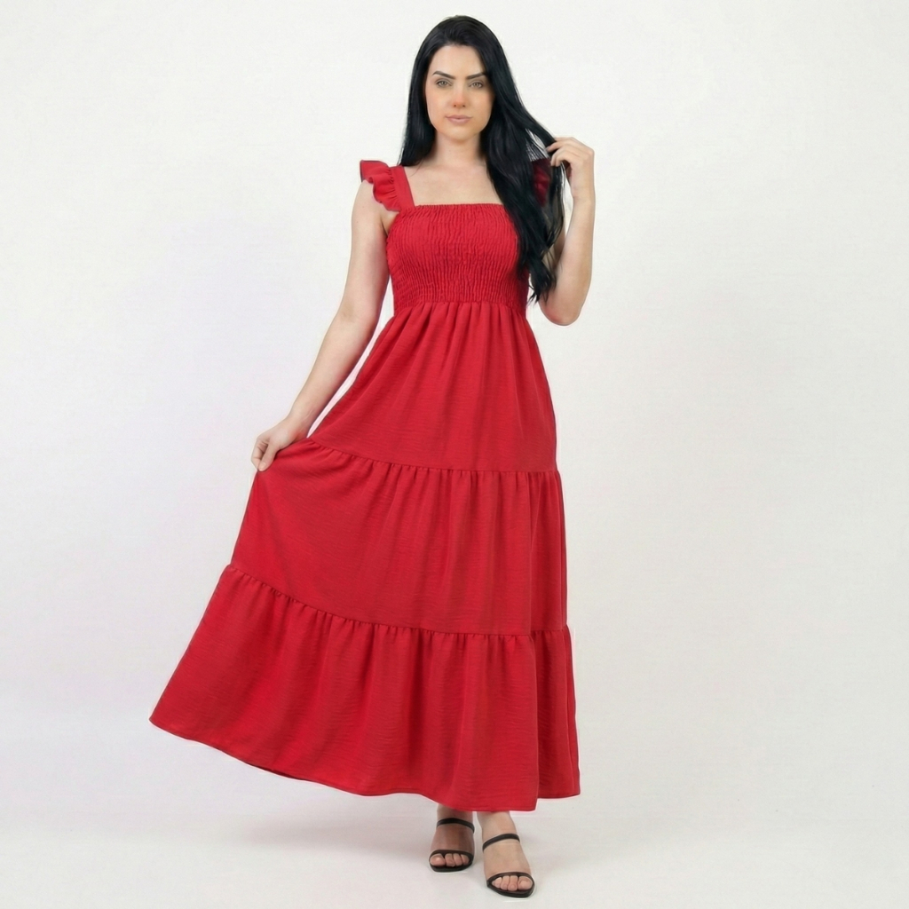 Vestido Longo Feminino Três Marias Lastex Luxo Elegante Estilo Casual Moda Evangélica Tecido Duna