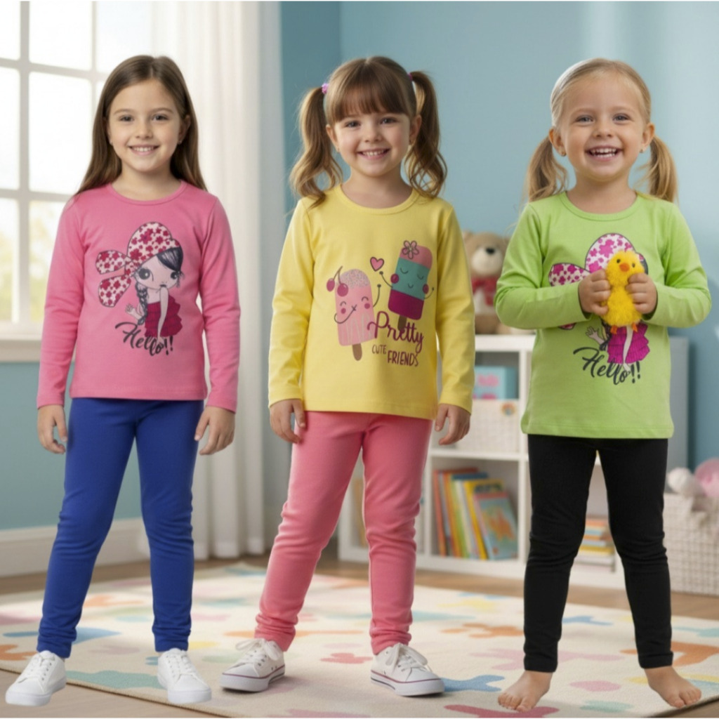 Kit 8 Peças Conjunto Roupa Infantil Feminino Inverno 4 Calça Legging Flanelada Menina Algodâo 4 Camiseta Manga 1 a 16