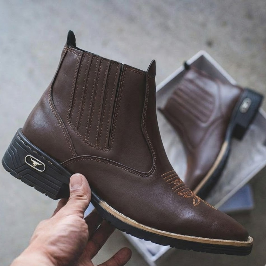 Bota Country Botina Rodeio Texana de Couro Solado Borracha Látex Resistente Roça Elastico Lateral em Oferta na Shopee