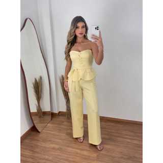 Conjunto Calça e Cropped Tomara Chique Moderno Estiloso Casual com Botões Funcionais em Oferta na Shopee