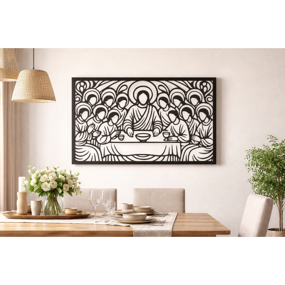 Quadro Decorativo Escultura de Parede Releitura Santa Ceia Jesus mdf Vazado preto Sala quarto