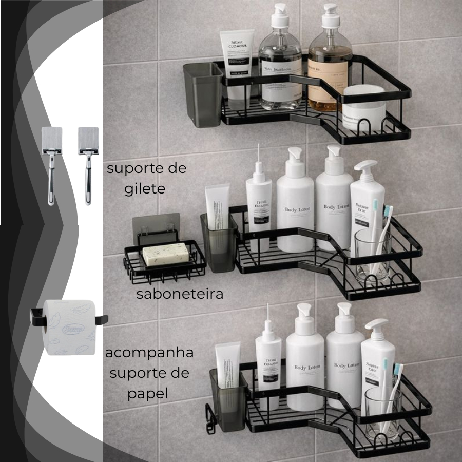 Kit Suporte para Shampoo Sabonete e Papel Higiênico com Prateleiras para Banheiro Sem Furo em Oferta na Shopee