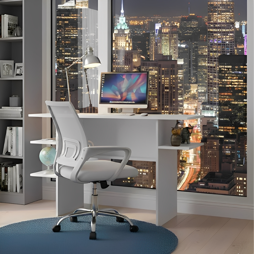 Kit Mesa Gamer com Prateleiras + Cadeira Mesh Giratória Ajustável Confortável Home Office Executivo