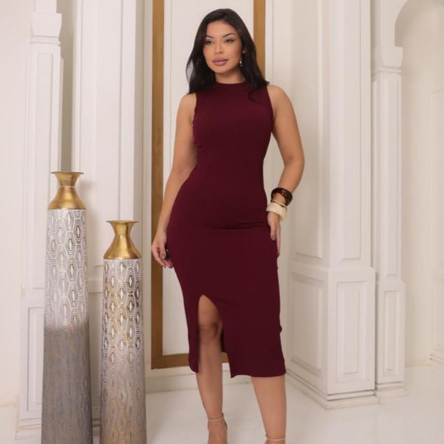 Vestido Midi Regata Canelado com Fenda Lateral Caimento Justo e Confortável  Tecido Canelado Premium, P M G