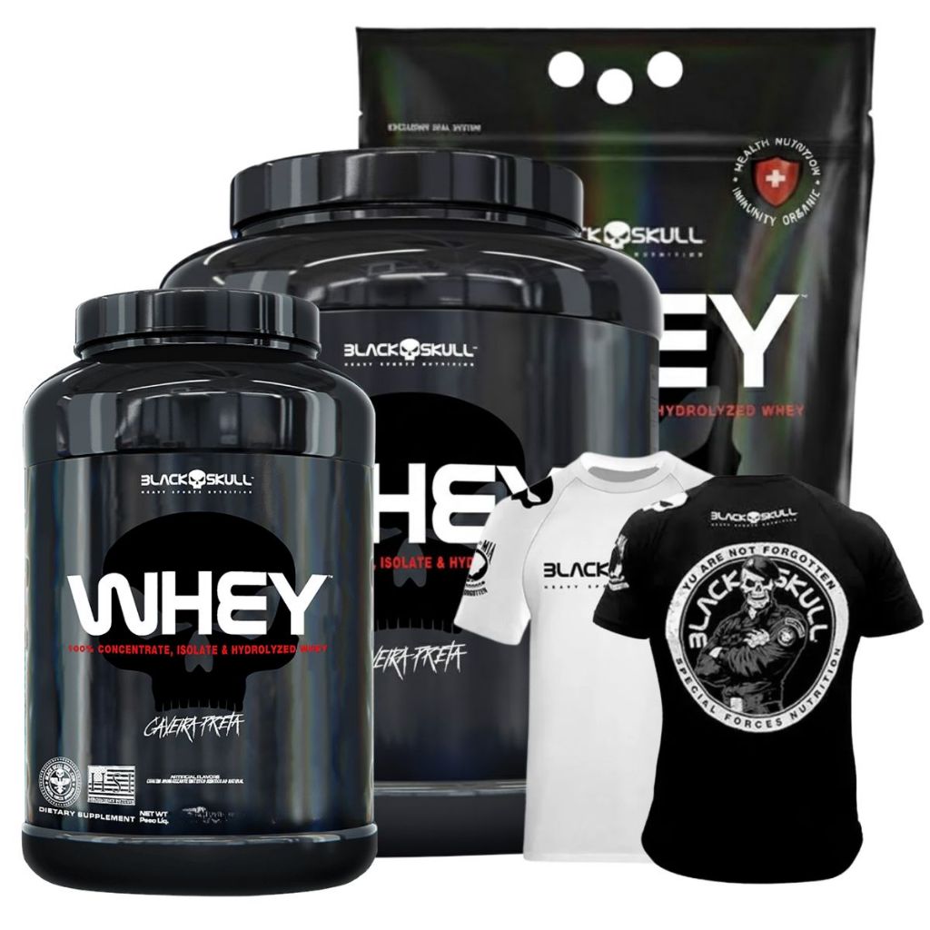 Whey Protein WPC + Whey Isolado + Whey Hidrolisado + Camiseta BOPE / Padrão Black Skull 900g / 1.800g