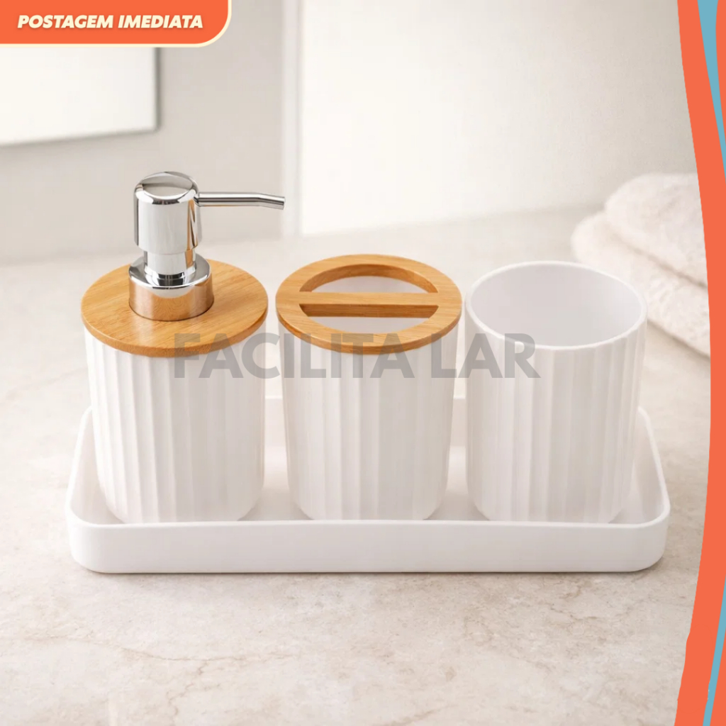 Conjunto Banheiro 4 Peças Branco com Bambu – Dispenser, Porta-Escova, Copo e Bandeja – Design Minimalista em Oferta na Shopee
