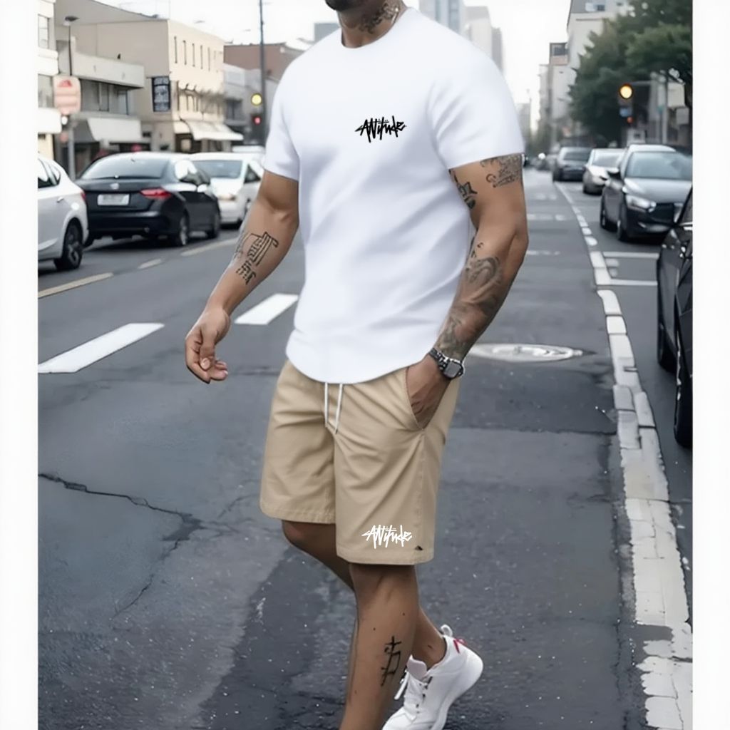 Kit Masculino Conjunto Camiseta 100% Algodão Short Tectel Casual Moda Streetwear Estampa Atitude