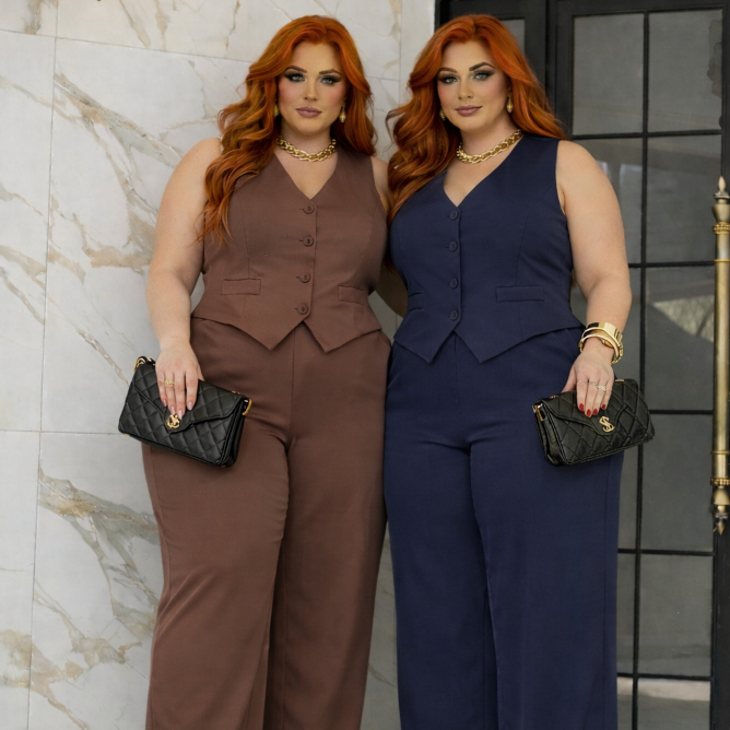 Conjunto Social Plus Size Alfaiataria Feminina Pantalona + Colete Elegante Confortável em Oferta na Shopee