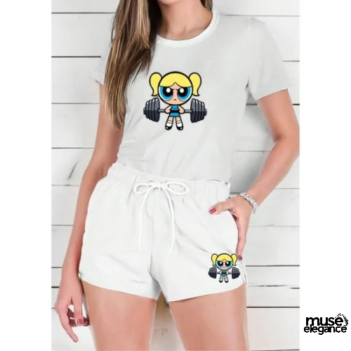 Kit Short e Camiseta Feminina Meninas Super Poderosas Academia/Treino Blusa 100% Algodão Premium