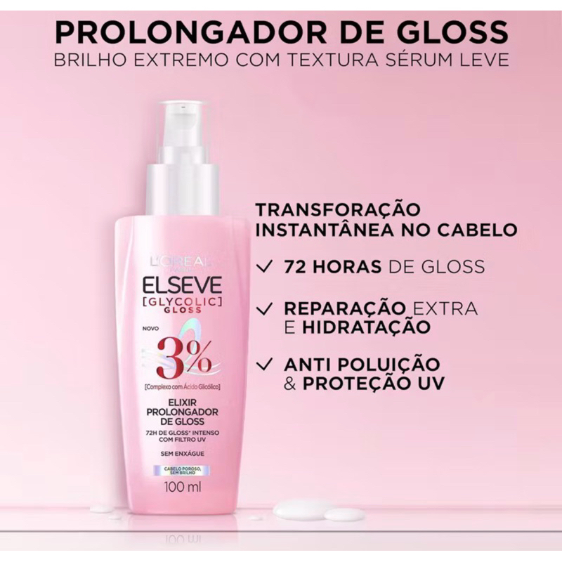 L'Oréal Paris Elseve Sérum Capilar Elixir Prolongador de Gloss Glycolic Gloss, 72 Horas de Duração, 100ml em Oferta na Shopee