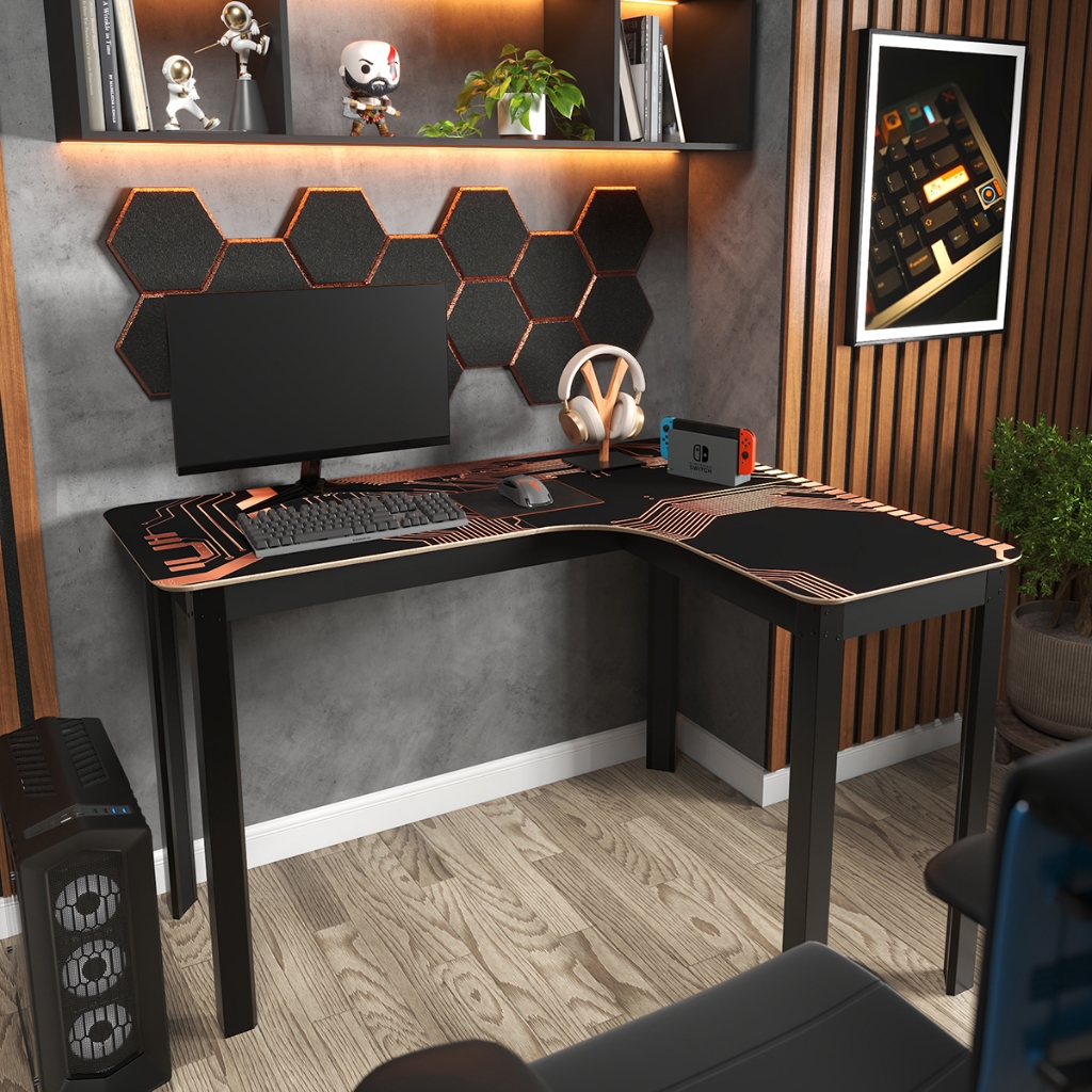 Mesa em L Gamer Curva com Estampa Futurista para Setup Moderno Estação de Trabalho Angular Multiuso Design Circuit Legos
