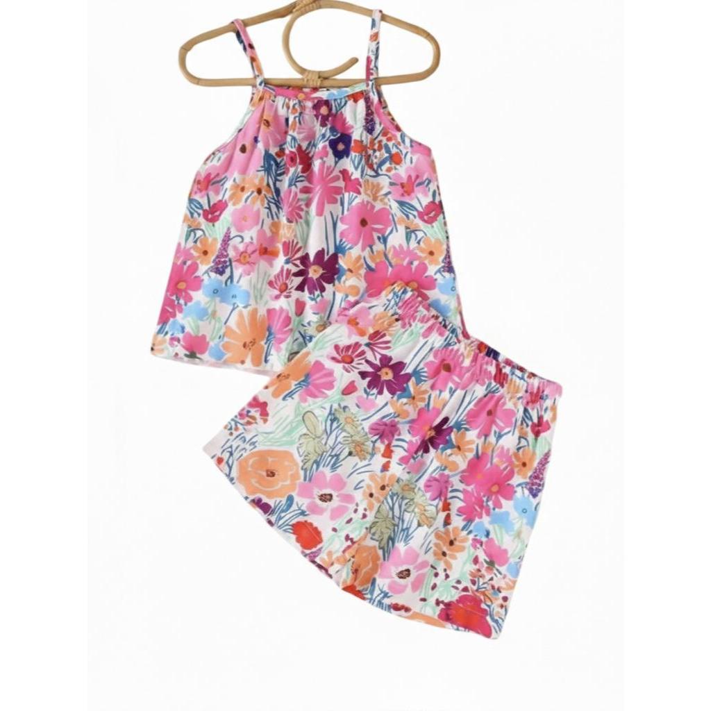 Conjunto Infantil Menina Verão Blusa Alça e Short Estampa Floral Colorida - Tamanho 4 Anos