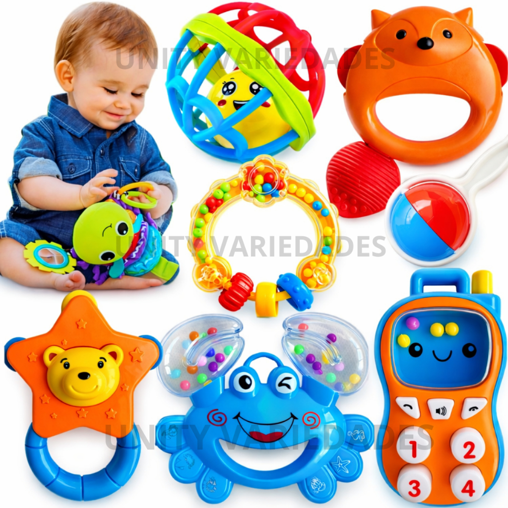 Kit Chocalho Bebê Sensorial Interativo Com Som Brinquedo Educativo Infantil Bebe 5 Peças em Oferta na Shopee