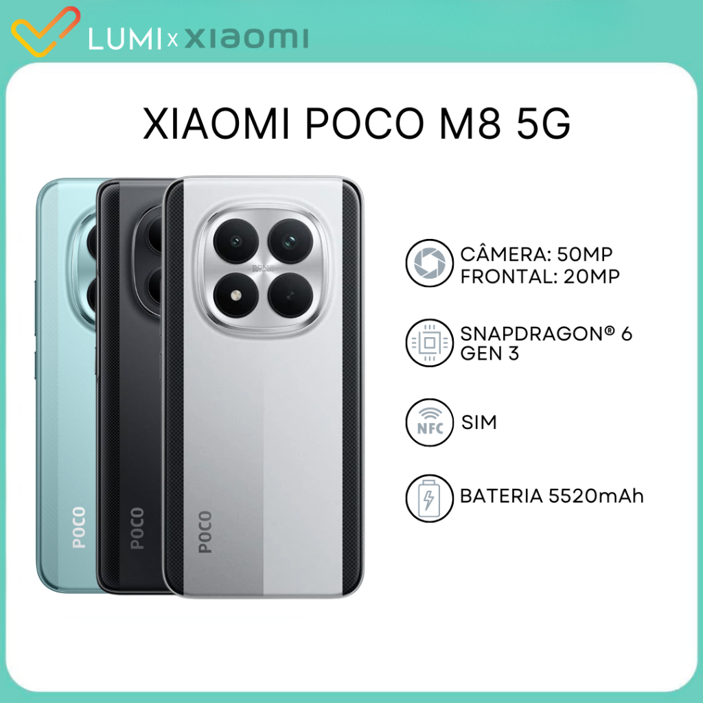 Xiaomi Poco M8 5G, Versão Global, 256GB + 8GB RAM, Processador Snapdragon 6 Gen 3, Câmera de 50MP, Bateria 5520mAh