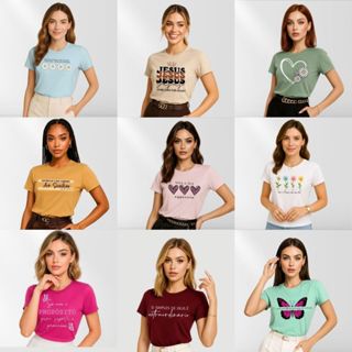 Kit 4 Blusa Feminina T-shirt Camiseta Baby Look Manga Curta Gola Redonda Algodão Roupas Femininas em Oferta na Shopee