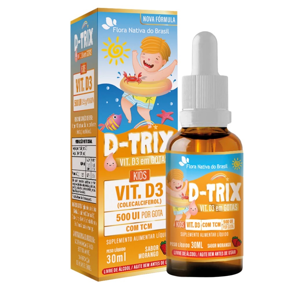 Vitamina D3 Infantil em Gotas 30ml Sabor Morango D Trix Flora Nativa Bebês e Crianças