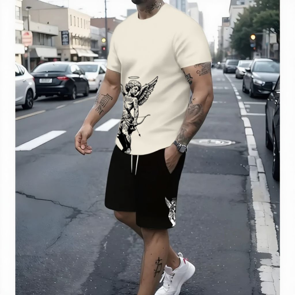Kit Masculino Conjunto Camiseta 100% Algodão Short Tectel Casual Moda Streetwear Estampa Anjo