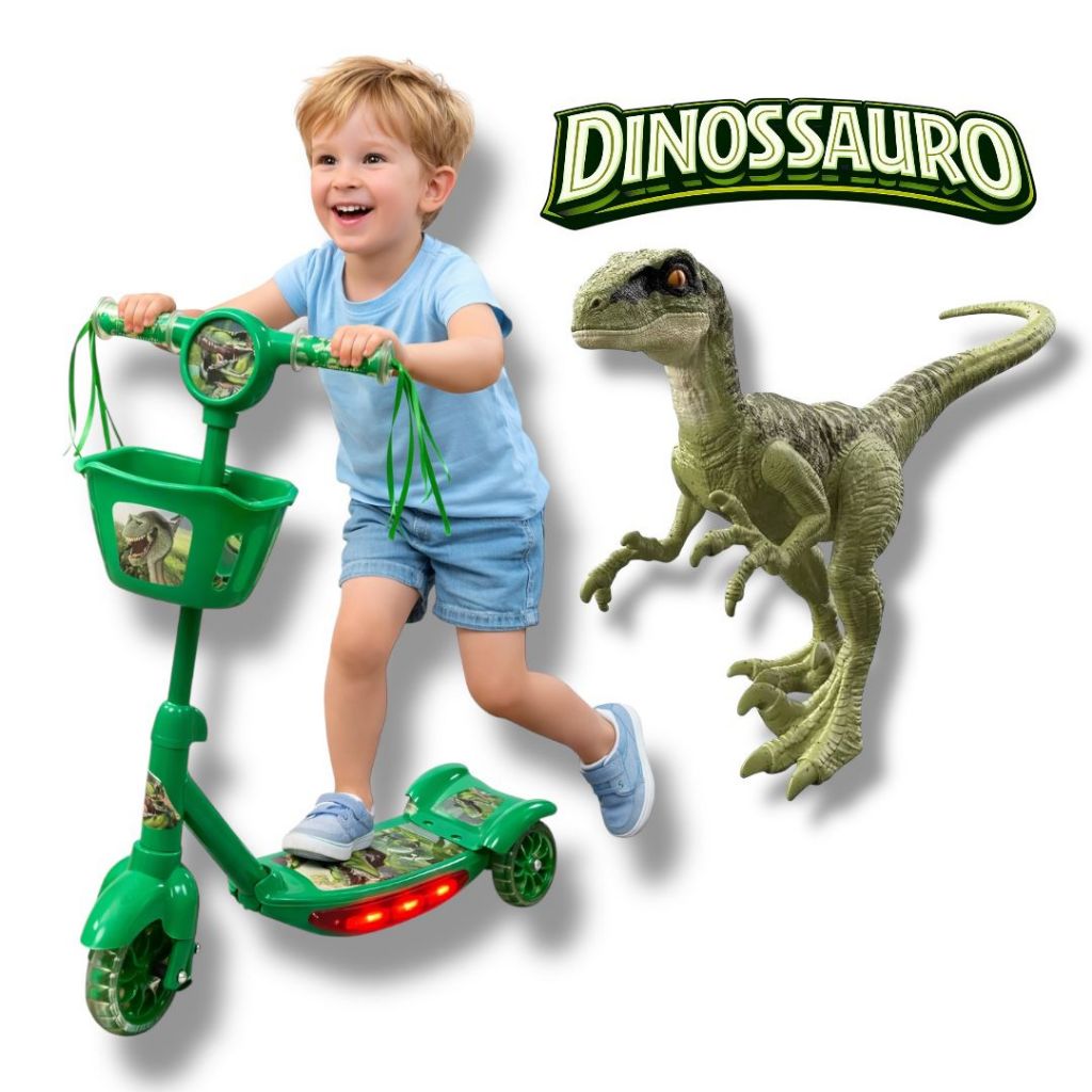 Patinete Dinossauro Infantil Verde Musical Cestinha Luzes 3 Rodas em Oferta na Shopee