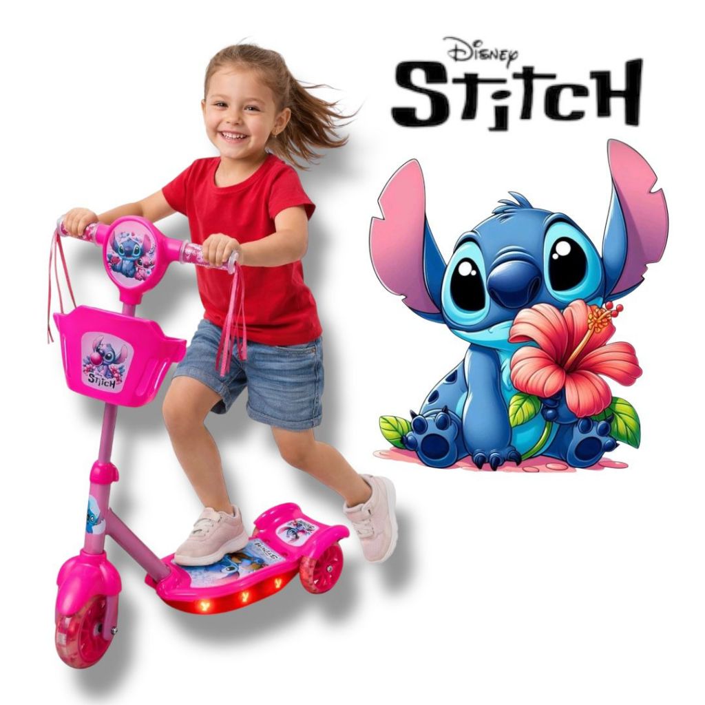 Patinete Infantil Stitch Musical Cesta Luzes 3 Rodas