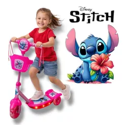 Patinete Scooter Infantil Stitch Rosa Musical Cesta Luzes 3 Rodas