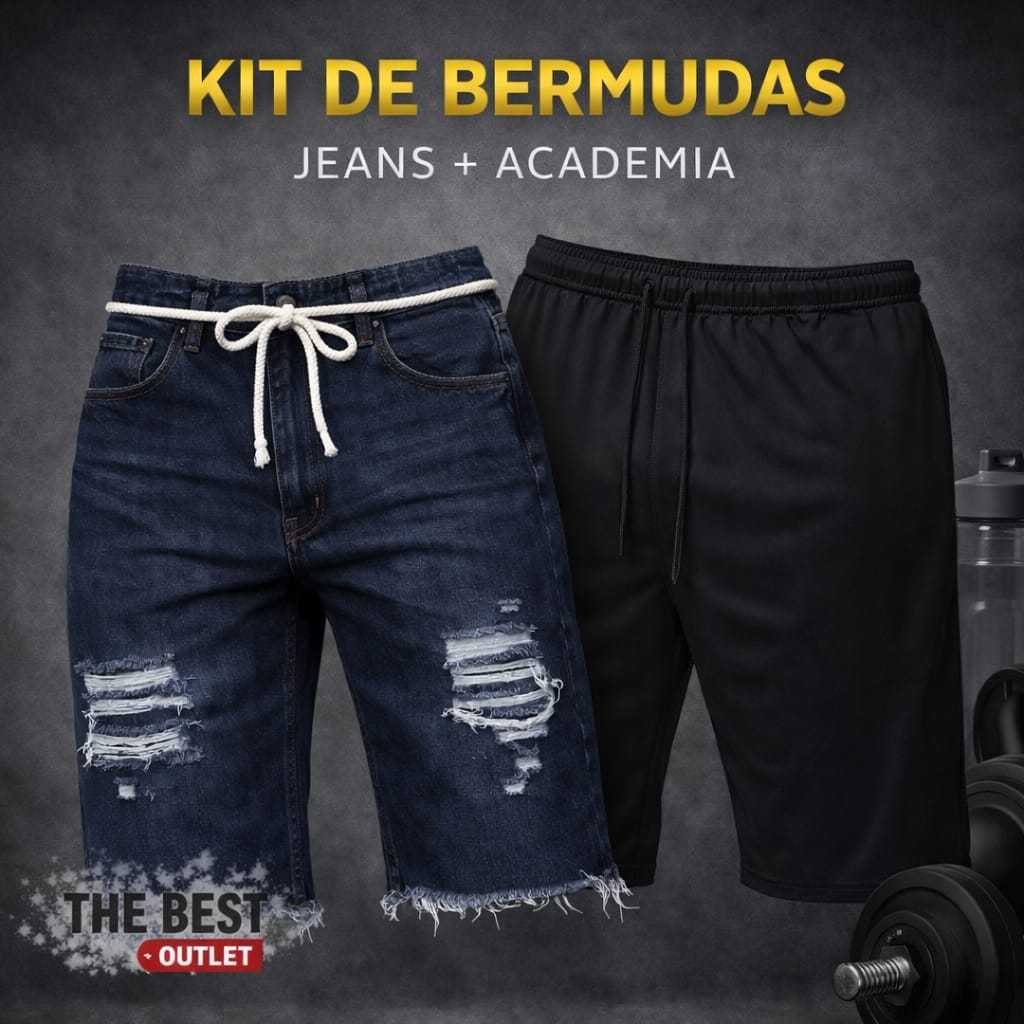 Kit 2 Bermudas Masculinas Jeans Rasgada + Academia Aproveite