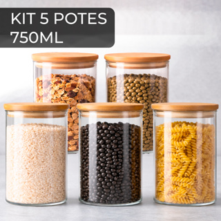 Kit 5 Potes De Vidro Hermético 750ml Tampa Bambu Tempero Mantimentos Alimentos Premium em Oferta na Shopee