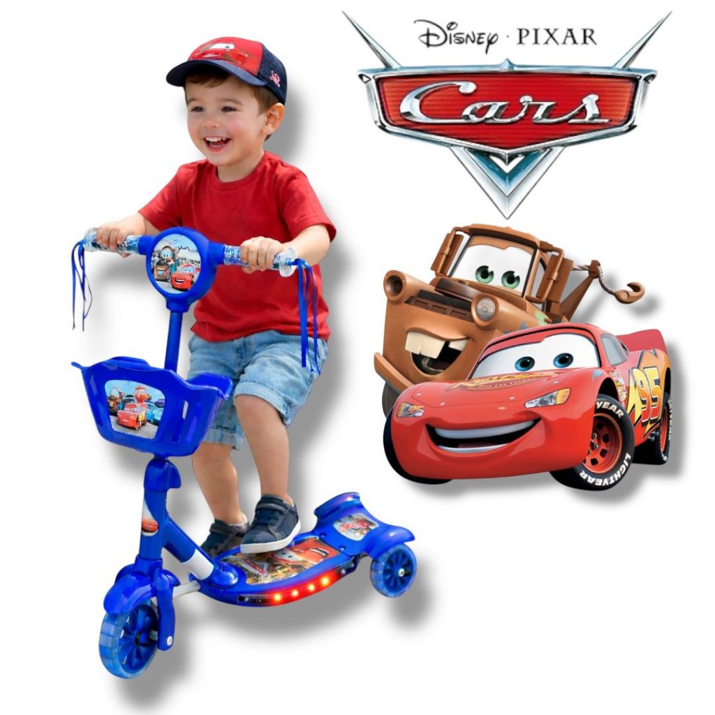 Patinete Infantil Cesta Scooter 3 Rodas com Luz de LED e Buzina - Carros Relâmpago McQueen