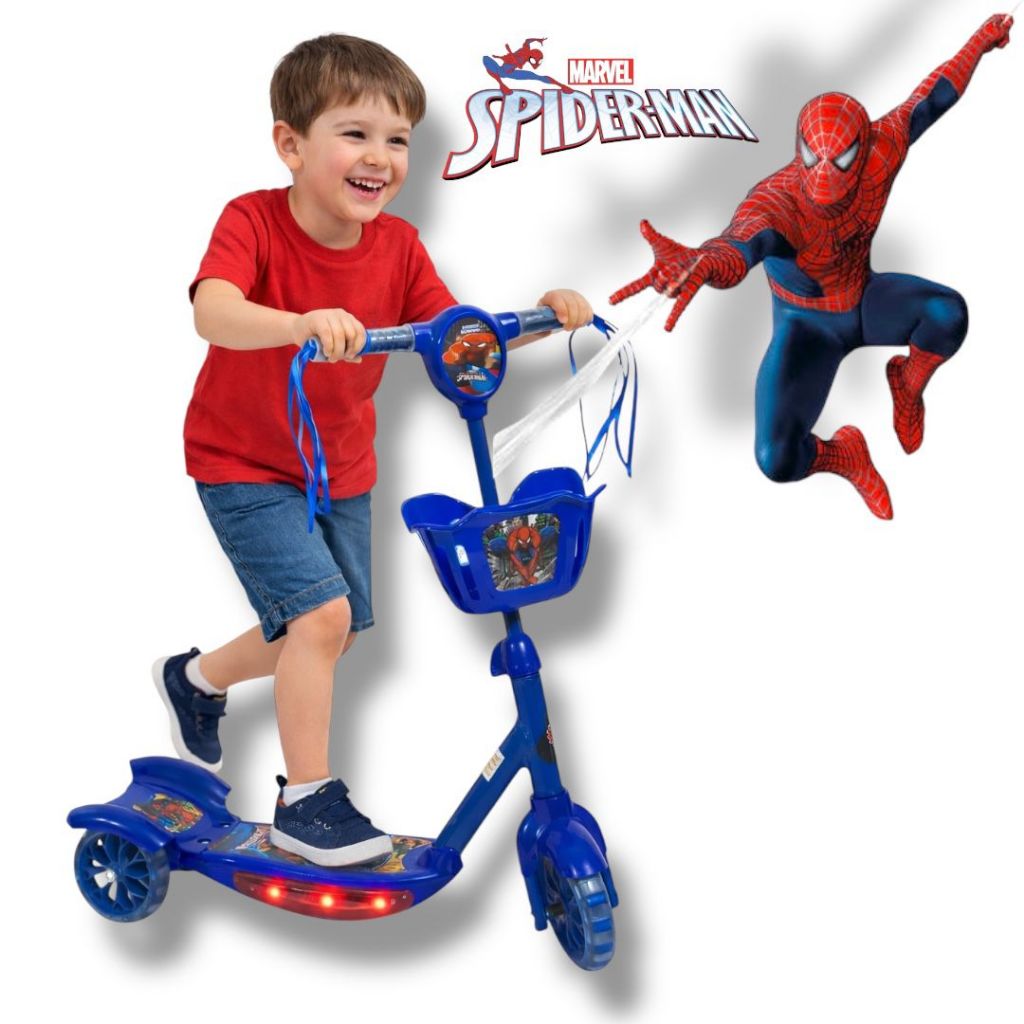 Patinete Infantil Homem Aranha Musical Luzes Cesta 3 Rodas em Oferta na Shopee