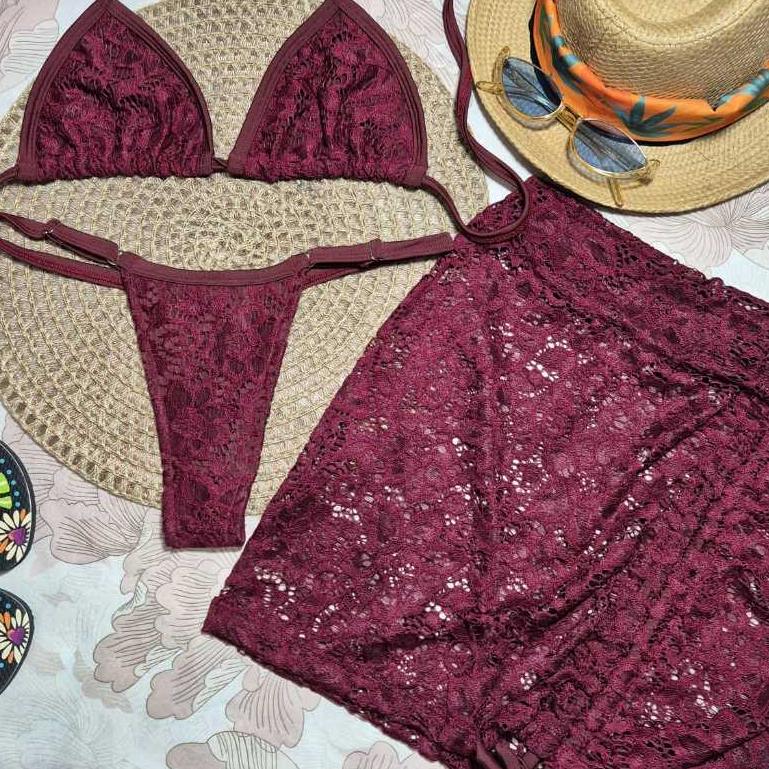 CONJUNTO RENDA BIQUÍNI TRIQUÍNI 3 PEÇAS COM SAIDA DE PRAIA VERÃO MODA MARQUINHA